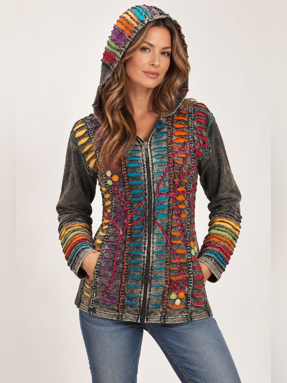 Women's Multicolor Razor Cut Hooded Patchwork Hippie Hoodie Jacket